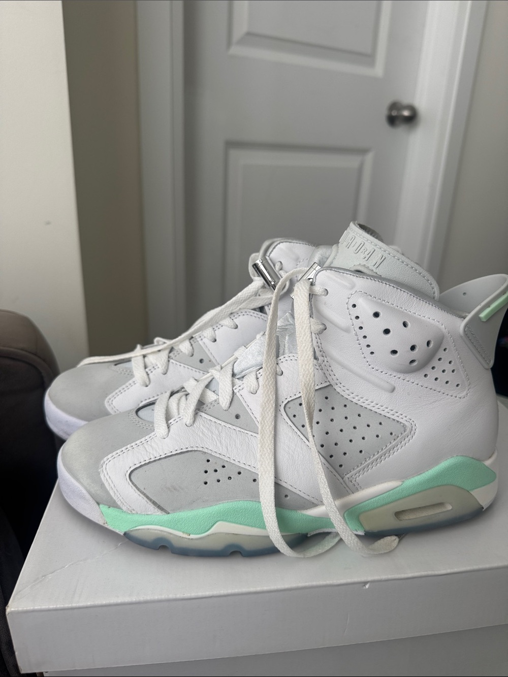 Jordan Retro High-Top Sneakers in White and Mint